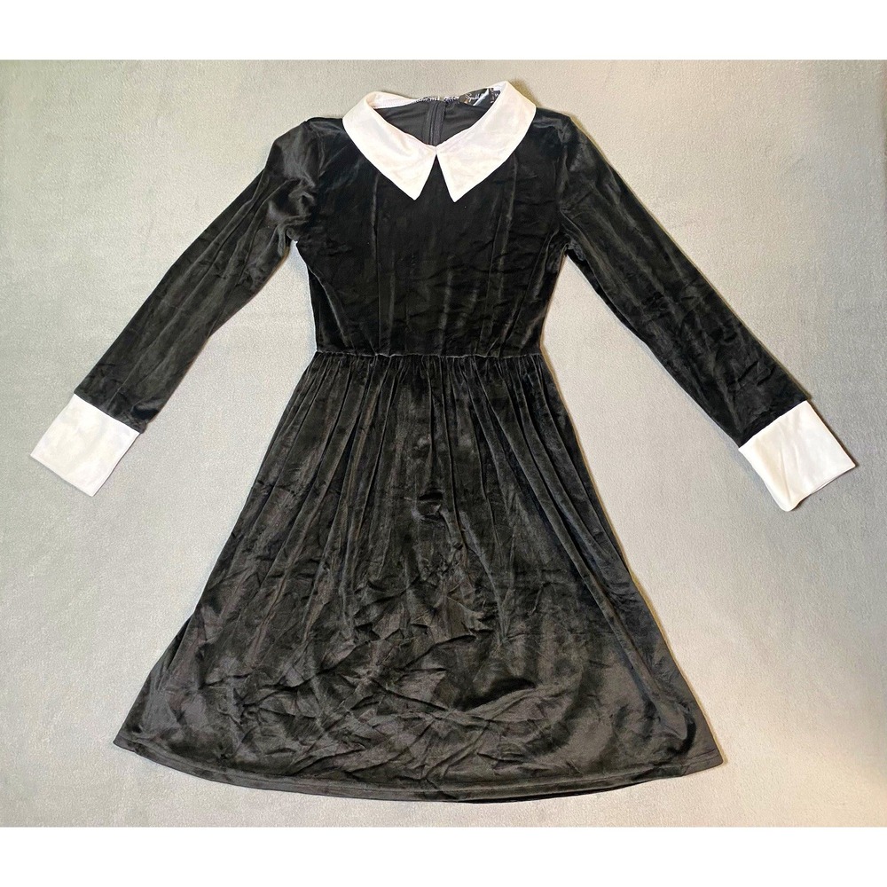 Women's S Black Velvet White Collar Dress Halloween Pilgrim Wednesday Addams